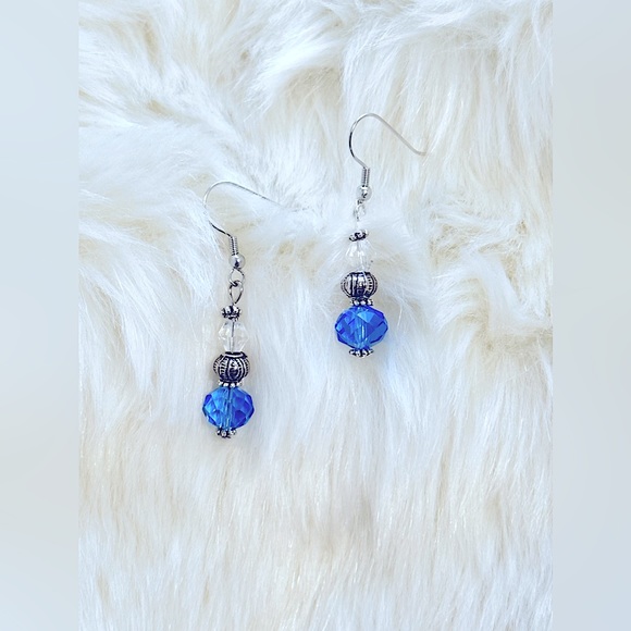 ๐Czech Blue Sapphire 8mmRound Faceted Round Beaded+Clear Crystal Silver Earring - Picture 2 of 16